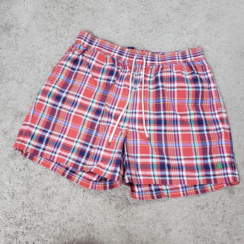 Polo Ralph Lauren Swim Shorts Men XL Red Madras Plaid Trunks Swimsuit Lined VTG